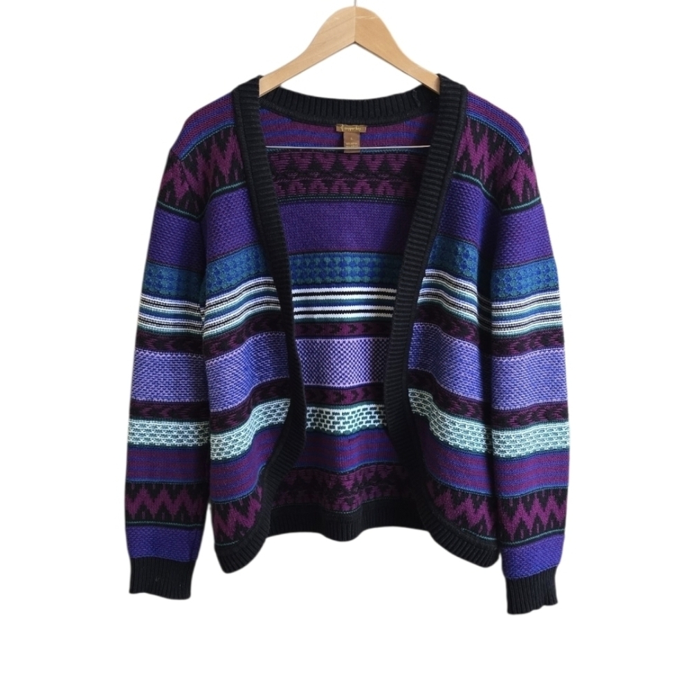 Copper Key Vibrant Purple & Blue Boho Striped Open Cardigan. Size Large